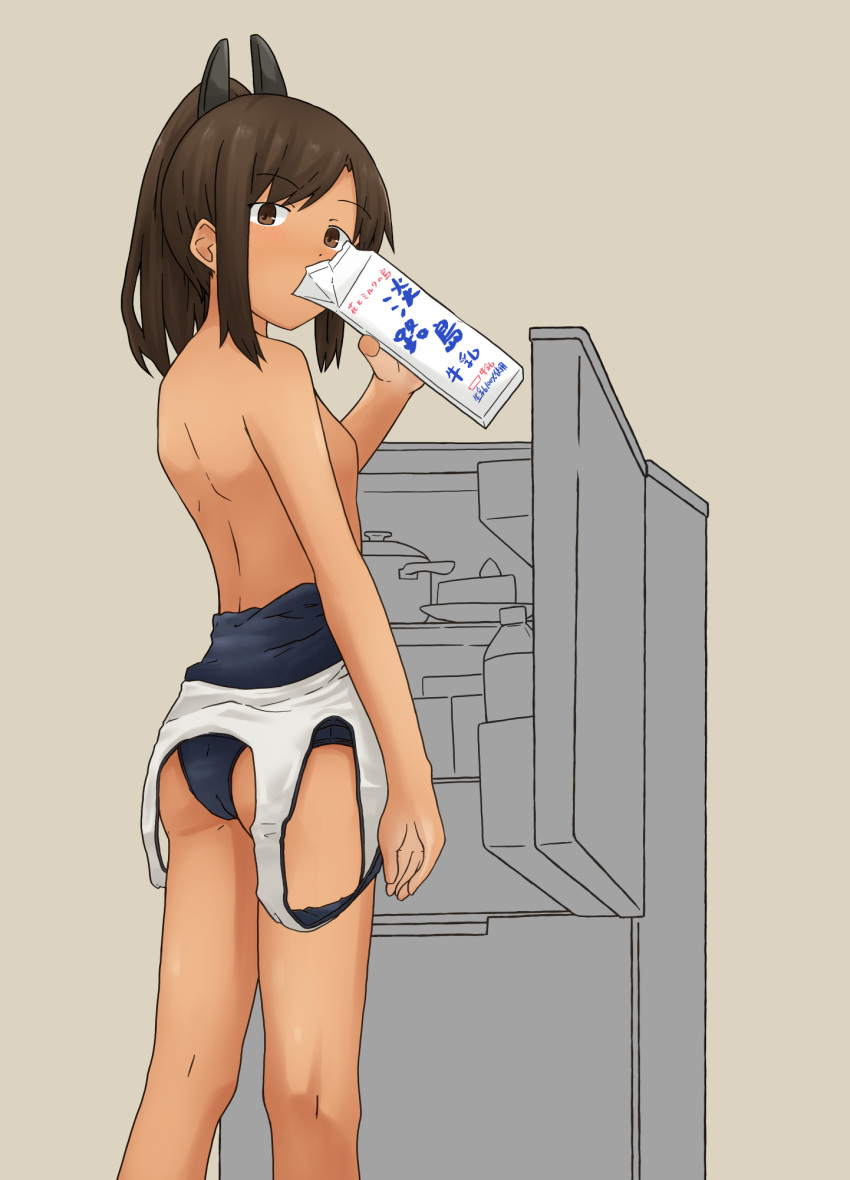 1girl ass blue_one-piece_swimsuit brown_background brown_eyes brown_hair chagamaka clothes_pull drinking feet_out_of_frame from_behind highres i-401_(kancolle) kantai_collection looking_at_viewer looking_back medium_hair milk_carton one-piece_swimsuit one-piece_swimsuit_pull refrigerator school_swimsuit sidelocks solo standing swimsuit tan topless