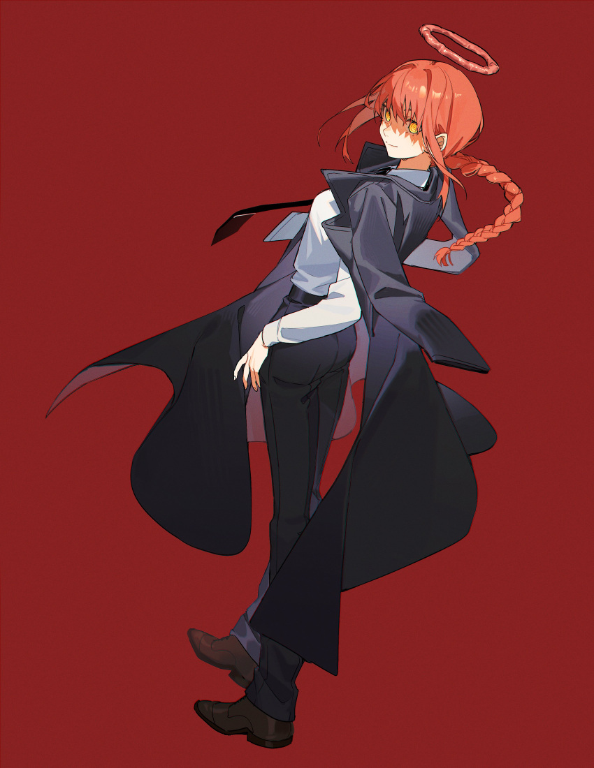 1girl absurdres black_coat black_necktie black_pants braid braided_ponytail chainsaw_man coat coat_on_shoulders collared_shirt commentary floating_hair floating_necktie highres kkaags looking_at_viewer looking_back makima_(chainsaw_man) medium_hair necktie pants red_background red_hair ringed_eyes shirt shirt_tucked_in sidelocks simple_background smile solo symbol-only_commentary white_shirt yellow_eyes