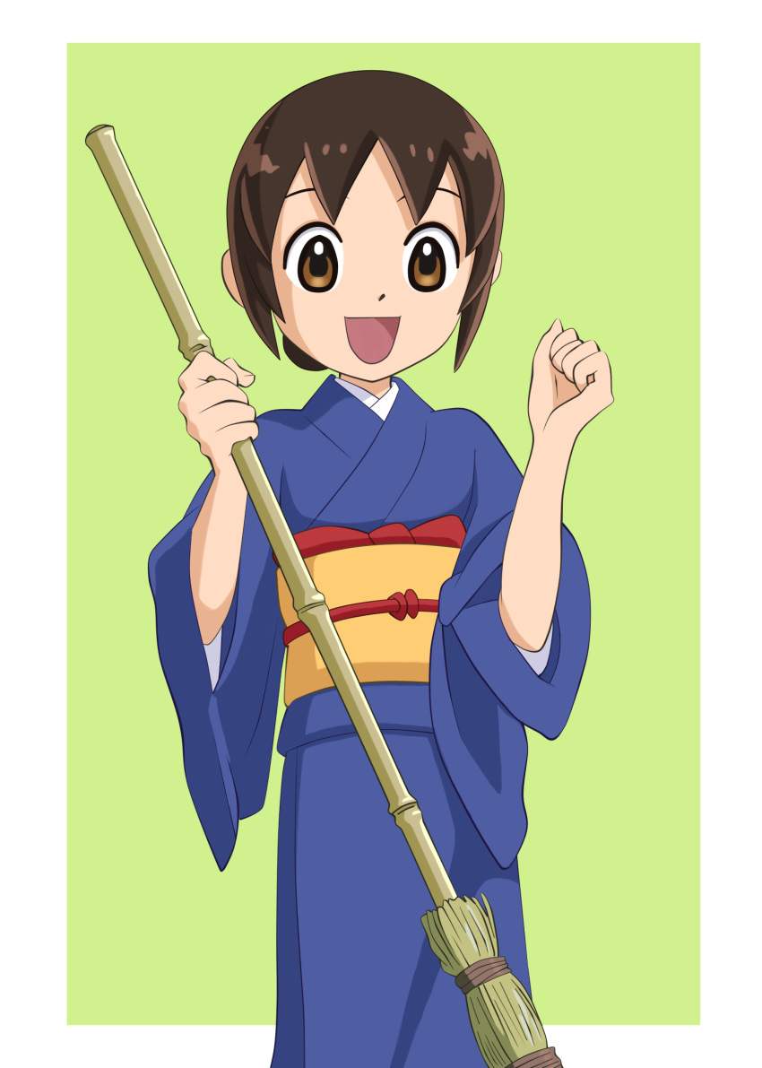 1girl :d akiishiguma blue_kimono broom brown_eyes brown_hair child green_background hand_up highres holding holding_broom japanese_clothes kimono looking_at_viewer obi sash seki_oriko short_hair smile solo standing wakaokami_wa_shougakusei