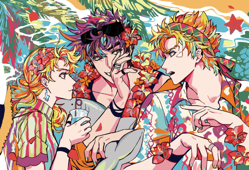 1girl 2boys adam's_apple alternate_costume bad_id bad_twitter_id battle_tendency blonde_hair blue_eyes bracelet brown_hair caesar_anthonio_zeppeli commentary_request crazy_straw drink drinking drinking_straw drinking_straw_in_mouth earrings eyewear_on_head facial_mark flower flower_necklace grin hair_flower hair_ornament hair_over_shoulder hairband hand_up hat hat_on_back hawaiian_shirt hibiscus highres holding holding_drink jewelry jojo_no_kimyou_na_bouken joseph_joestar joseph_joestar_(young) korean_commentary lei long_hair multiple_boys nail_polish nigelungdayo open_mouth palm_tree pointing pointing_at_another ponytail ring shirt short_hair smile starfish straw_hat striped striped_shirt summer sunglasses suzi_q tree upper_body vertical-striped_shirt vertical_stripes wavy_hair