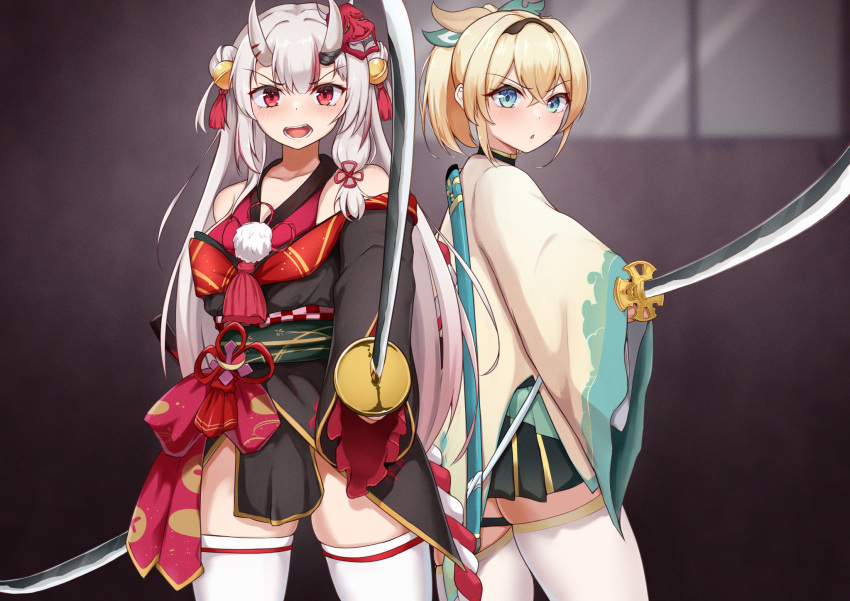 2girls bell black_kimono blonde_hair blue_eyes green_skirt grey_hair hair_bell hair_ornament haori highres holding holding_sword holding_weapon hololive horns japanese_clothes karakaburieaka katana kazama_iroha kimono leaf_hair_ornament long_hair looking_at_viewer mask mask_on_head miniskirt multicolored_hair multiple_girls nakiri_ayame obi off_shoulder oni_horns open_mouth pleated_skirt pointing_sword ponytail red_eyes red_hair red_shirt sash sheath shirt short_kimono skin-covered_horns skirt sleeveless sleeveless_shirt streaked_hair sword thighhighs virtual_youtuber weapon white_thighhighs wide_sleeves