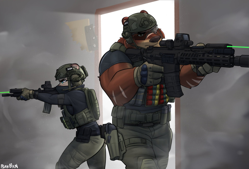 anthro assault_rifle battle bear brown_bear bulletproof_vest cougar disney duo felid feline female grizzly_bear grizzlygus gun gus_(grizzlygus) hi_res kodiak_bear law_enforcement male mammal operator partners police psakorn_tnoi ranged_weapon rifle romantic romantic_couple size_difference smoke swat tactical_gear ursine valerie_(grizzlygus) weapon zootopia