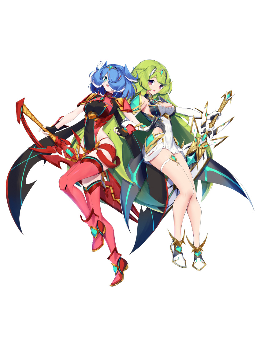 2girls :d absurdres black_gloves blue_hair bodysuit boots breasts circlet cleavage cleavage_cutout clothing_cutout cosplay dress elbow_gloves elira_pendora fingerless_gloves full_body gloves green_eyes green_hair hair_over_one_eye highres holding holding_sword holding_weapon long_hair looking_at_viewer medium_hair multiple_girls mythra_(xenoblade) mythra_(xenoblade)_(cosplay) nijisanji nijisanji_en open_mouth orange_eyes pyra_(xenoblade) pyra_(xenoblade)_(cosplay) red_footwear red_shorts shorts simple_background smile sword thigh_boots thigh_strap tsukinaga very_long_hair virtual_youtuber weapon white_background white_dress white_footwear white_gloves xenoblade_chronicles_(series) xenoblade_chronicles_2