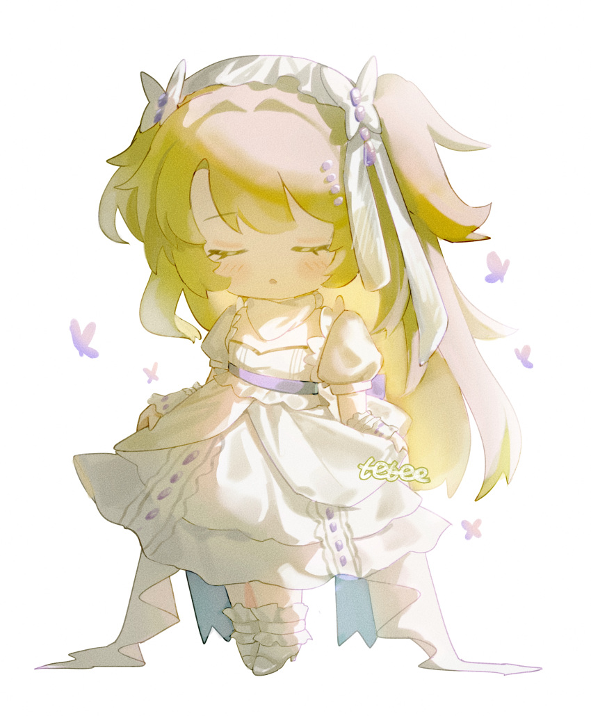 1girl absurdres artist_name blonde_hair blush bug butterfly chibi closed_mouth dress full_body hairband highres long_hair parted_lips puffy_short_sleeves puffy_sleeves reverse:1999 short_sleeves signature skirt_hold socks solo sotheby tetee two_side_up very_long_hair white_background white_dress white_footwear white_hairband white_socks wrist_cuffs