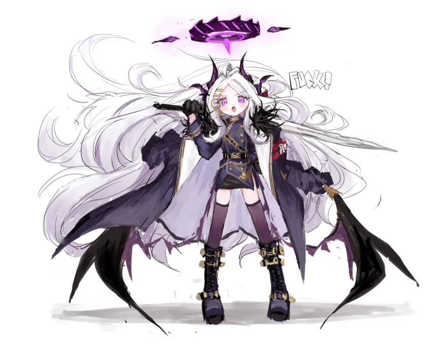 1girl armband black_footwear black_gloves blue_archive boots coat coat_on_shoulders english_text full_body gloves halo highres hina_(blue_archive) holding holding_sword holding_weapon horns jacket long_hair long_sleeves looking_at_viewer open_mouth over_shoulder profanity purple_eyes reitoubeef simple_background solo standing sword thighhighs very_long_hair weapon weapon_over_shoulder white_background white_hair wings