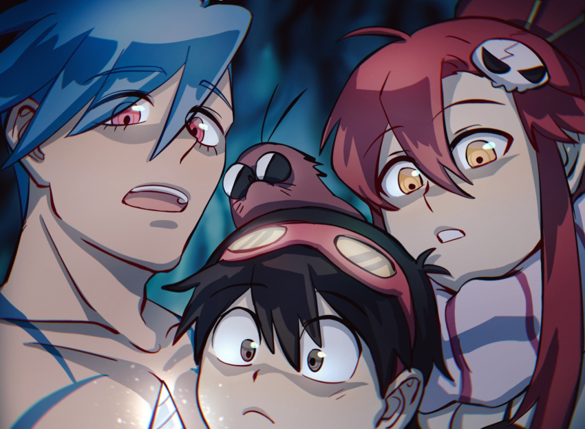 1girl 2608337875 2boys black_hair blue_hair boota_(ttgl) core_drill drill grey_eyes hair_ornament highres kamina_(ttgl) midriff_sarashi mole_(animal) multiple_boys red_eyes red_hair sarashi scarf simon_(ttgl) skull_hair_ornament striped striped_scarf sunglasses tengen_toppa_gurren_lagann yellow_eyes