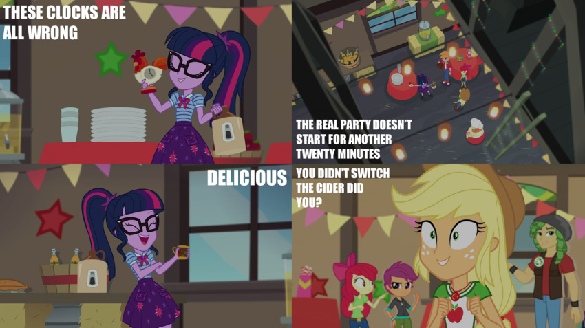 4_panel_comic 8:7 apple_bloom_(eg) applejack_(eg) big_macintosh_(eg) blonde_hair bottle bottomwear bucket clock clothing container cup derpibooru dish dutch_angle english_text equestria_girls eyes_closed eyewear female furniture glass glass_container glass_cup glasses green_eyes green_hair group hair hasbro human laugh looking_aside male mammal multicolored_hair my_little_pony party portrait purple_bottomwear purple_clothing purple_hair purple_skirt red_hair red_ribbon red_tablecloth sandalwood_(eg) sci-twi scootaloo_(eg) short_hair skirt table tablecloth talking_to_another text three-quarter_portrait unknown_artist white_text wood_floor