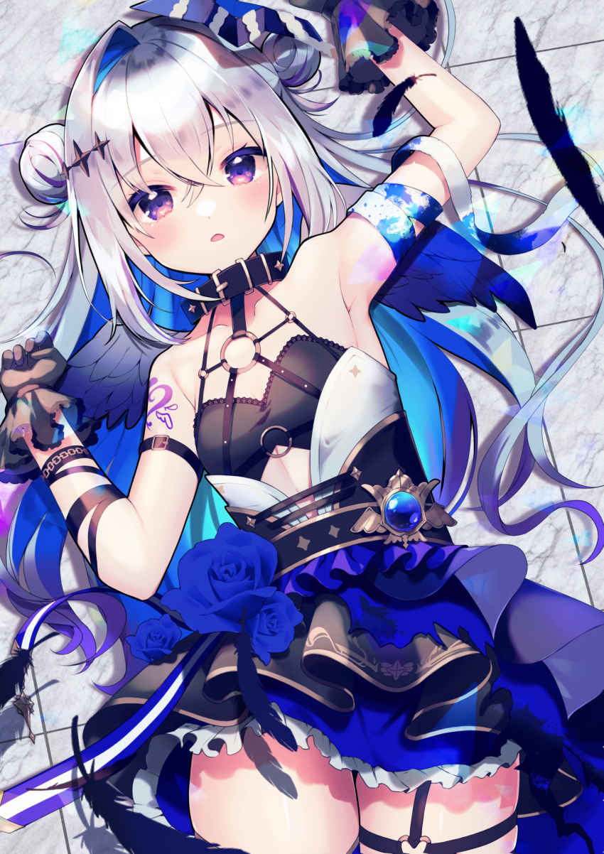 1girl amane_kanata amane_kanata_(another_world) angel angel_wings arm_tattoo armpits asymmetrical_hair bare_shoulders black_collar black_gloves blue_hair blue_wings breasts collar colored_inner_hair double_bun fallen_angel feathered_wings gloves gradient_wings grey_hair hair_between_eyes hair_bun halo heart_o-ring highres hololive long_hair looking_at_viewer lying multicolored_hair multicolored_wings o-ring o-ring_thigh_strap official_alternate_costume on_back pink_hair purple_eyes shinomiya_shino_(sinosino141) single_hair_intake small_breasts solo star_halo streaked_hair tattoo thigh_strap thighs virtual_youtuber wings