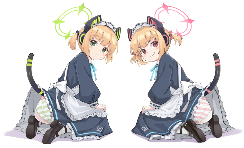 2girls absurdres animal_ear_headphones animal_ears apron ass back_bow black_footwear blonde_hair blue_archive blue_dress blue_ribbon blush bow cat_ear_headphones cat_ears cat_tail closed_mouth commentary dress english_commentary fake_animal_ears fake_tail frilled_apron frills from_behind full_body green_eyes green_halo green_panties hair_bow halo headphones highres leaning_forward long_sleeves looking_at_viewer looking_back maid maid_apron maid_headdress midori_(blue_archive) midori_(maid)_(blue_archive) momoi_(blue_archive) momoi_(maid)_(blue_archive) multiple_girls neck_ribbon official_alternate_costume panties panties_under_pantyhose pantyhose pink_bow pink_eyes pink_halo puffy_long_sleeves puffy_sleeves ribbon seiza shadow shoe_soles shoes short_hair short_twintails siblings simple_background sisters sitting smile striped striped_panties tail twins twintails underwear white_apron white_background white_bow white_pantyhose yoshikawa_hiro