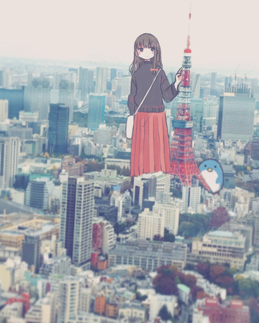 1girl ansai bag bird black_sweater brown_hair giant giantess handbag highres long_hair long_skirt long_sleeves looking_afar original penguin photo_background red_skirt skirt sweater tokyo_(city) tokyo_tower white_bag