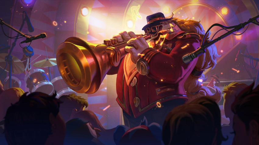 1boy ahoge bard_(league_of_legends) big_hair black_headwear brown_pants crowd drum gloves grey_gloves grey_hair hat highres holding holding_instrument indoors instrument jacket jazz_bard league_of_legends long_hair long_sleeves microphone microphone_stand music official_alternate_costume official_art pants playing_instrument ponytail red_jacket sunglasses top_hat trumpet