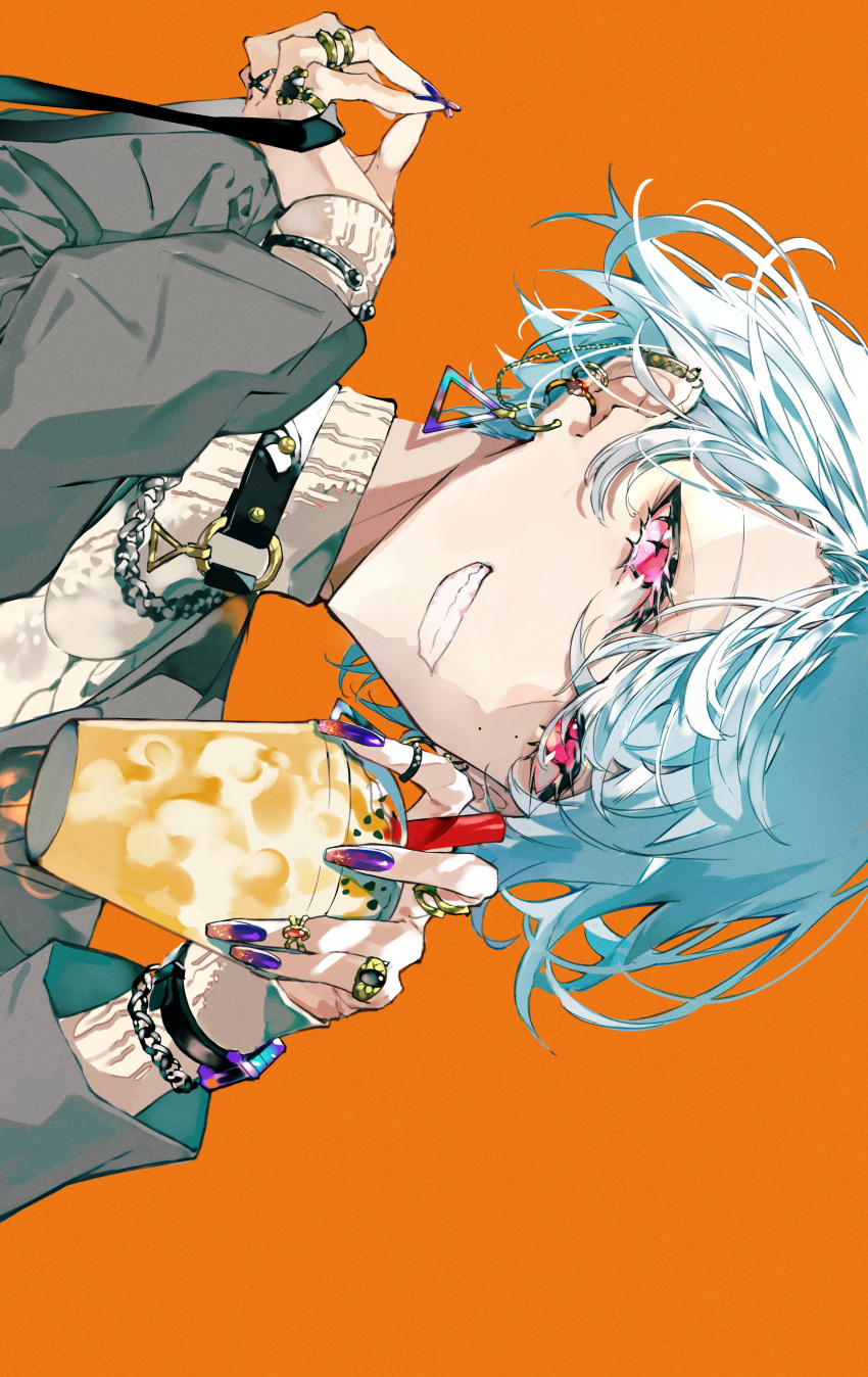 1boy absurdres blue_hair blue_nails bracelet clenched_teeth collar commentary cup drinking_straw ear_piercing earrings english_commentary eyelashes fingernails grey_jacket grin highres holding holding_cup jacket jewelry light_blue_hair looking_at_viewer male_focus mole mole_under_eye multiple_rings mura_karuki orange_hair original piercing pink_eyes ring short_hair sideways simple_background smile solo sweater swept_bangs teeth turtleneck upper_body watch white_sweater wristwatch