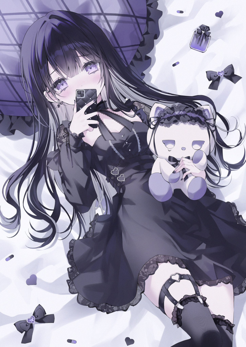 1girl black_dress black_hair black_nails black_thighhighs blush cellphone dress earrings frilled_pillow frills highres jewelry long_hair noah_(0noah) original phone pillow plaid_pillow purple_eyes smartphone solo stuffed_animal stuffed_cat stuffed_toy thighhighs