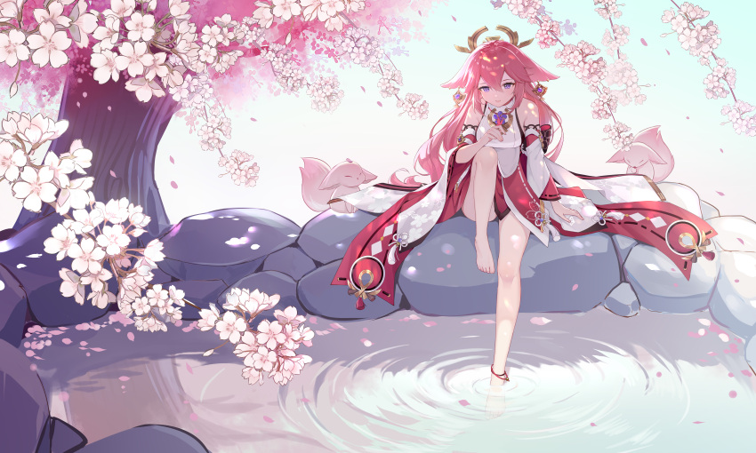 1girl absurdres animal_ears anklet barefoot blush branch breasts cherry_blossoms closed_mouth commentary_request detached_sleeves earrings eyelashes eyeshadow falling_petals feet floppy_ears floral_print flower fox fox_ears genshin_impact hair_between_eyes hair_flaps hand_up headpiece highres japanese_clothes jewelry knee_up long_hair long_sleeves looking_at_viewer low-tied_long_hair makeup medium_breasts morimori_(14292311) nontraditional_miko pelvic_curtain petals petals_on_liquid pink_flower pink_hair purple_eyes red_eyeshadow ribbon-trimmed_sleeves ribbon_trim rock sakuramon shirt sidelocks sitting sleeveless sleeveless_shirt smile soaking_feet solo tassel toes tree very_long_hair vision_(genshin_impact) water white_shirt white_sleeves wide_sleeves yae_miko