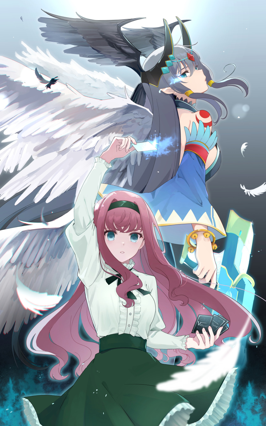 2girls absurdres arm_up bell black_wings blue_eyes bracelet brown_hair card cardfight!!_vanguard:_overdress character_request feathered_wings feathers gradient_background green_headband green_skirt grey_background grey_hair gun head_wings headband highres holding holding_card holding_gun holding_weapon horns jewelry jingle_bell long_hair long_sleeves minae_mirei motakusan_(ja1ddp) multiple_girls pointy_ears shoulder_tattoo sidelocks skirt standing tattoo weapon white_wings wings