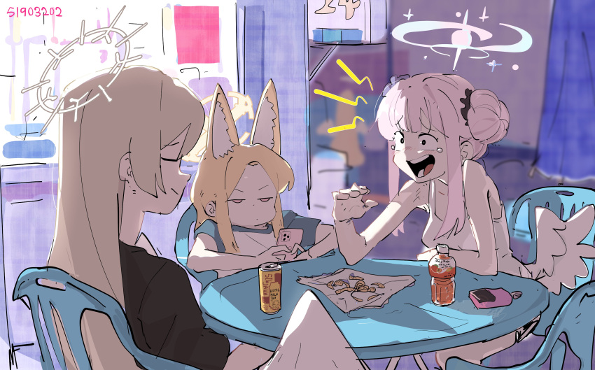 3girls absurdres animal_ear_fluff animal_ears black_shirt blonde_hair blue_archive blush bottle breasts can cellphone chair closed_eyes closed_mouth feathered_wings food grey_hair halo highres holding holding_phone korean_commentary long_hair medium_breasts mika_(blue_archive) multiple_girls nagisa_(blue_archive) nangnangnang open_mouth phone pink_hair seia_(blue_archive) shirt short_sleeves smartphone table tank_top tears white_wings wings