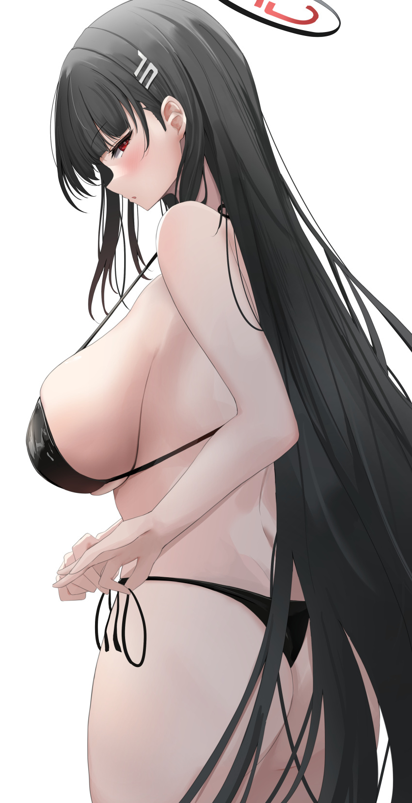 1girl absurdres ass bikini black_bikini black_hair blue_archive blush breasts from_behind from_side hair_ornament hairclip halo highres kunizaki large_breasts long_hair looking_at_viewer parted_lips red_eyes rio_(blue_archive) side-tie_bikini_bottom sideboob simple_background solo strap_gap swimsuit very_long_hair white_background