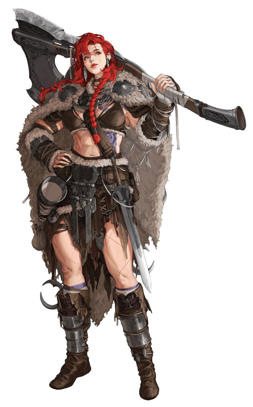 1girl abs absurdres armor axe boots cape choker earrings fur_trim highres jewelry leather_armor loincloth long_hair melcheritha muscular muscular_female ponytail red_eyes red_hair scar scar_across_eye skirt solo sword tattoo toned valheim vambraces weapon