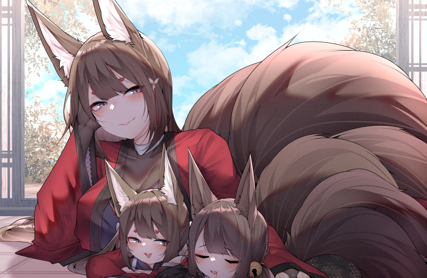 3girls :d absurdres akagi-chan_(azur_lane) amagi-chan_(azur_lane) amagi_(azur_lane) animal_ears arm_around_back arm_support azur_lane bell black_kimono brown_hair closed_eyes day eyeshadow facing_viewer fox_ears fox_girl fox_tail from_side hair_bell hair_between_eyes hair_ornament hairpin half-closed_eyes head_rest highres hug japanese_clothes kimono kitsune long_hair looking_at_another looking_at_viewer lying makeup multiple_girls multiple_tails on_stomach print_kimono purple_eyes red_eyeshadow red_kimono samip short_hair sleeping slit_pupils smile tail teeth upper_teeth_only very_long_hair