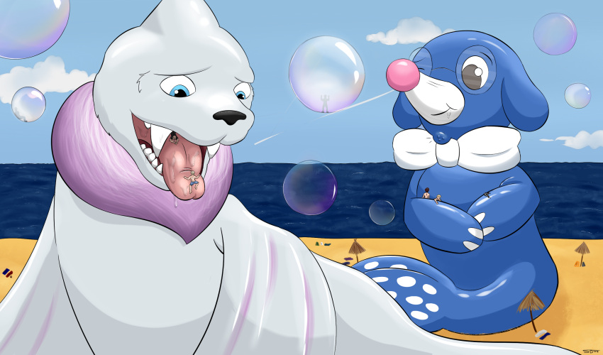 2018 beach beach_umbrella bubble charles_(suddendraft) daniel_(darksidelight) dewgong generation_1_pokemon generation_7_pokemon group hi_res human human_prey imminent_oral_vore imminent_vore inside_mouth macro male mammal nintendo oral_vore pokemon pokemon_(species) pokemon_pred popplio seaside story story_in_description suddendraft vore