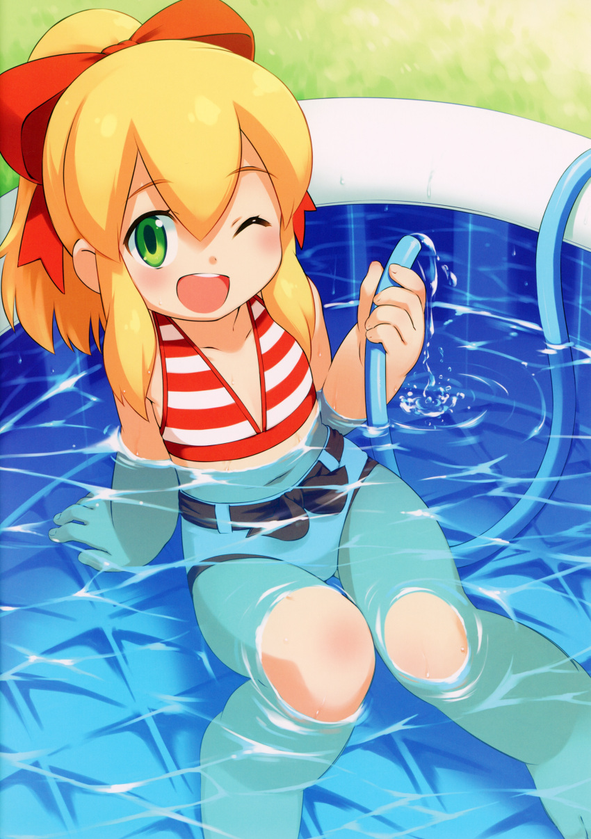 1girl absurdres arm_support belt bikini black_belt blush collarbone day eyelashes female_child flat_chest from_above full_body grass green_eyes hair_between_eyes hair_ribbon highres holding holding_hose hose inou_shin legs looking_at_viewer mega_man_(classic) mega_man_(series) navel non-web_source open_mouth outdoors partially_submerged red_bikini red_ribbon ribbon roll_(mega_man) short_shorts shorts sidelocks sitting solo swimsuit teeth textless_version thighs upper_teeth_only wading_pool water wet white_shorts