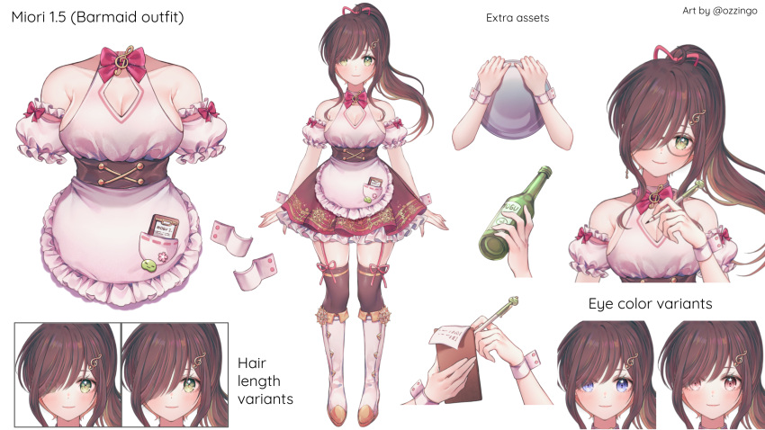 1girl apron black_thighhighs blue_eyes boots bottle bow breasts brown_hair brown_skirt detached_sleeves english_text garter_straps green_eyes hair_bow hair_ornament hair_over_one_eye halter_shirt halterneck head_tilt highres holding holding_bottle holding_tray large_breasts long_hair looking_at_viewer miori_celesta miori_celesta_(4th_costume) multiple_views musical_note musical_note_hair_ornament official_alternate_costume official_art one_eye_closed one_eye_covered ozzingo pink_bow pink_eyes pink_shirt ponytail second-party_source shirt short_sleeves skirt smile thighhighs tray treble_clef tsunderia underbust virtual_youtuber white_footwear wrist_cuffs