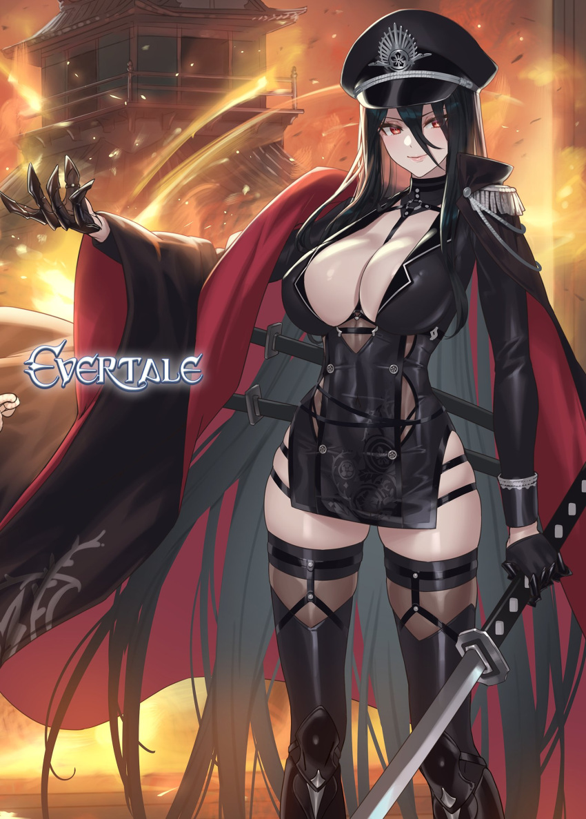 1girl between_breasts black_hair breasts cape cleavage closed_mouth commentary_request copyright_name cuboon epaulettes evertale gloves hat highres holding holding_sword holding_weapon katana large_breasts lips logo long_hair long_sleeves looking_at_viewer official_art peaked_cap red_eyes shiny_skin simple_background smile sword thighhighs thighs very_long_hair weapon