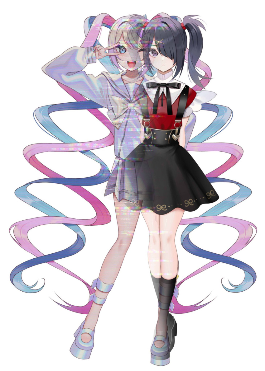 2girls ;d absurdly_long_hair ame-chan_(needy_girl_overdose) black_bow black_footwear black_hair black_skirt black_socks blue_eyes blue_hair bow brown_hair chouzetsusaikawa_tenshi-chan closed_mouth commentary_request grey_eyes grey_footwear grey_skirt hair_ornament hair_over_one_eye highres long_hair long_sleeves minatoasu multiple_girls needy_girl_overdose one_eye_closed pink_hair pleated_skirt puffy_long_sleeves puffy_sleeves purple_sailor_collar purple_shirt quad_tails red_shirt sailor_collar shirt shoes short_sleeves single_hair_intake skirt smile socks solo suspender_skirt suspenders twintails very_long_hair white_background white_bow x_hair_ornament