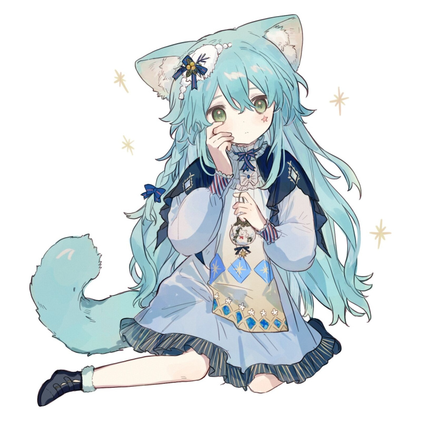 1girl animal_ear_fluff animal_ears black_footwear blue_dress blue_hair blue_ribbon braid cat_ears christmas_ornaments closed_mouth commentary dress english_commentary frilled_dress frills full_body green_eyes hair_between_eyes hand_on_own_cheek hand_on_own_face hands_up highres long_hair long_sleeves looking_at_viewer makotoinu original puffy_long_sleeves puffy_sleeves ribbon shawl shoes side_braid sitting solo sparkle star_(symbol) tail very_long_hair white_background