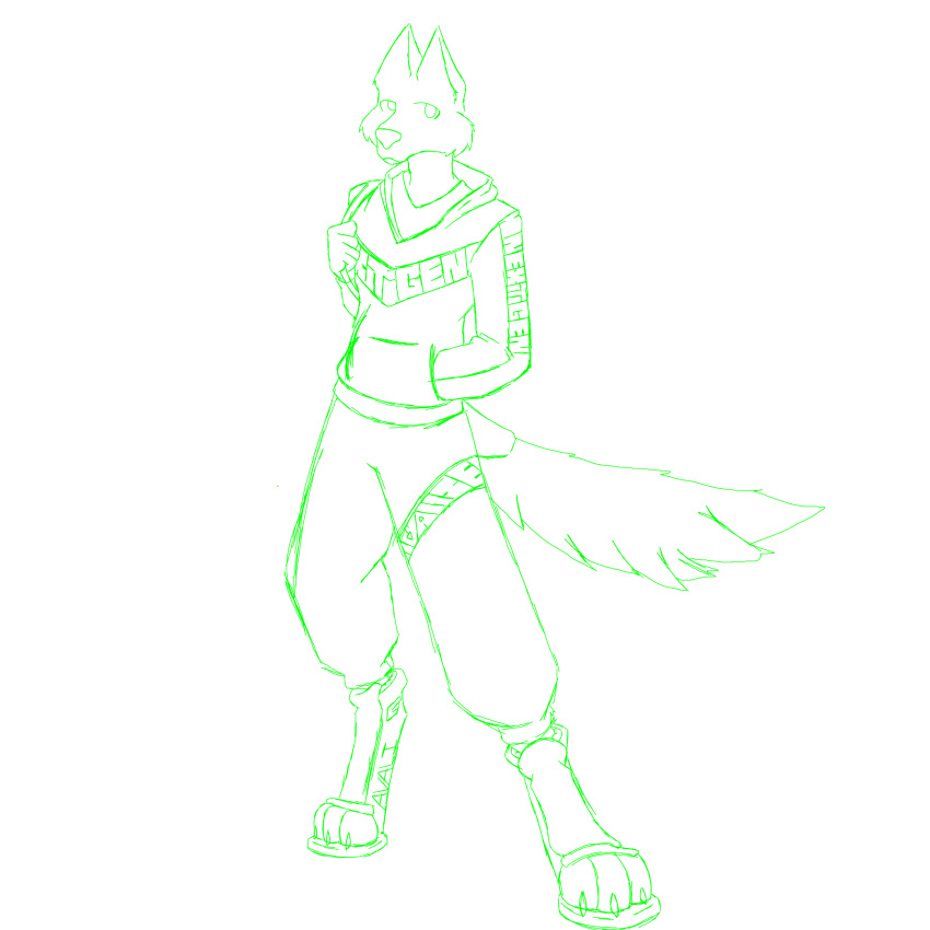 absurd_res anthro biohound branded_clothing canid canine canis cheek_tuft clothing facial_tuft fluffy fluffy_tail footwear hi_res hoodie male mammal paws practice shoes solo sweatpants tail topwear tuft unfinished wolf worldbuilding