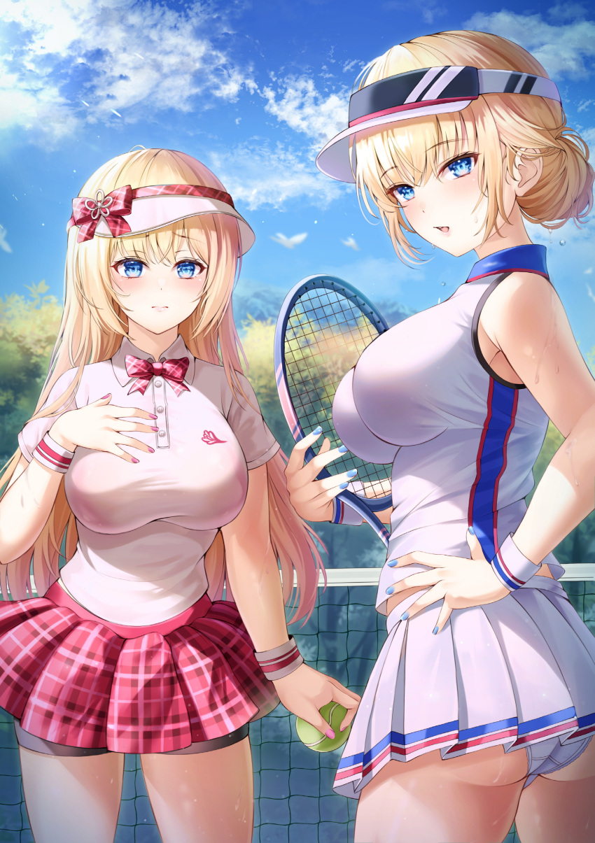 2girls absurdres ass ball bare_shoulders bike_shorts blonde_hair blue_eyes blue_sky blush bnari bra_visible_through_clothes breasts cloud commentary_request duplicate hair_bun highres holding holding_ball holding_tennis_racket large_breasts long_hair looking_at_viewer looking_back miniskirt multiple_girls nail_polish open_mouth original outdoors panties pixel-perfect_duplicate plaid plaid_skirt pleated_skirt racket red_skirt shirt shorts shorts_under_skirt skirt sky sleeveless sleeveless_shirt sportswear standing taut_clothes taut_shirt tennis tennis_ball tennis_court tennis_net tennis_racket tennis_uniform thighs tree underwear visor_cap white_panties white_shirt white_skirt wristband