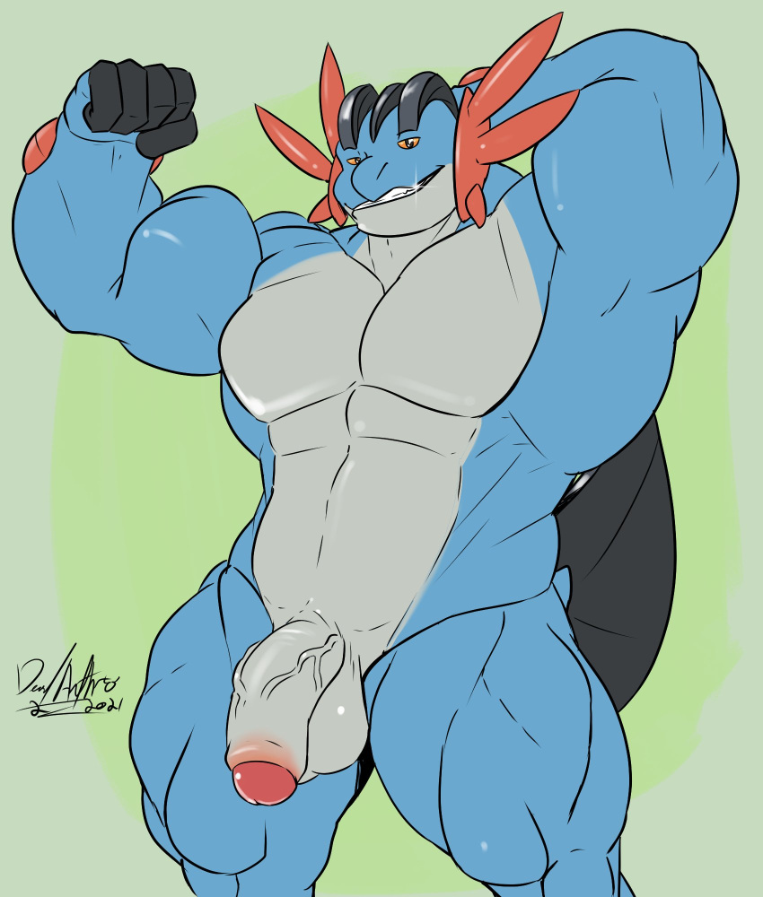 abs anthro balls biceps big_muscles blue_body deadanthro digital_media_(artwork) flexing generation_3_pokemon genitals glistening glistening_teeth hand_behind_head hi_res humanoid_genitalia humanoid_penis looking_at_viewer male mega_evolution mega_swampert muscular muscular_anthro muscular_male muscular_thighs nintendo nude pecs penis pinup pokemon pokemon_(species) portrait pose sam_the_swampert simple_background solo swampert teeth thick_thighs three-quarter_portrait vein veiny_penis