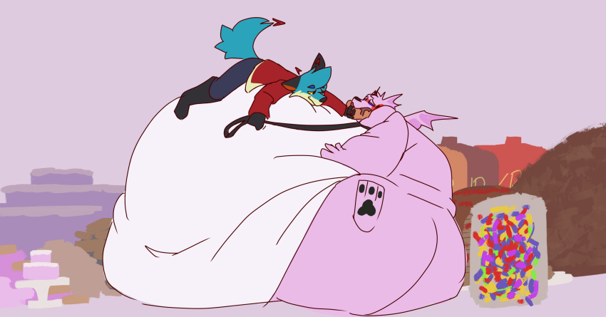 absurd_res ambiguous_gender anonymous_artist anthro belly big_belly blush cake candy canid canine cat_dragon chris_(wulvsabout) clothing collar dessert dragon duo felid feline food fox hi_res hoodie huge_belly hybrid hyper hyper_belly leash leash_pull leashed_collar looking_pleasured lying_on_another mammal morbidly_obese morbidly_obese_ambiguous morbidly_obese_anthro nude obese obese_ambiguous obese_anthro overweight overweight_ambiguous overweight_anthro pancake pawpads paws sitting squeezing_belly stuffing syrup tail topwear weight_gain wings