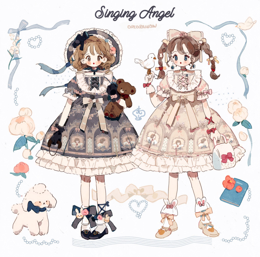 2girls angel_print ankle_cuffs arm_ribbon artist_name bag beads bird bird_on_hand black_bow black_footwear black_gloves black_headwear blue_eyes blue_ribbon blush_stickers bonnet book bow bow_button bow_legwear bow_print bowtie braid brown_eyes brown_hair center_frills choker clenched_hand closed_mouth cross-laced_footwear dangle_earrings dress drill_hair earrings english_text expressionless eyelashes eyeshadow flower frilled_bow frilled_choker frilled_dress frilled_hat frilled_sleeves frills full_body gloves gothic_lolita grey_bow hair_bow hair_ornament hair_ribbon handbag hat heart heart_earrings heart_hair_ornament highres holding holding_bag holding_stuffed_toy jewelry lolita_fashion long_hair looking_at_animal looking_at_viewer makeup mary_janes medium_dress multiple_girls multiple_hair_bows orange_bag original pink_bow pink_choker pink_eyeshadow pink_flower pink_rose poodle puffy_short_sleeves puffy_sleeves putong_xiao_gou rabbit_hair_ornament red_bow red_bowtie red_lips red_ribbon ribbon rose shoes short_hair short_sleeves sleeve_bow socks straight-on stuffed_animal stuffed_toy teddy_bear twin_braids twintails waist_bow white_background white_bag white_bird white_bow white_dress white_footwear white_gloves white_socks wrist_bow yellow_ribbon