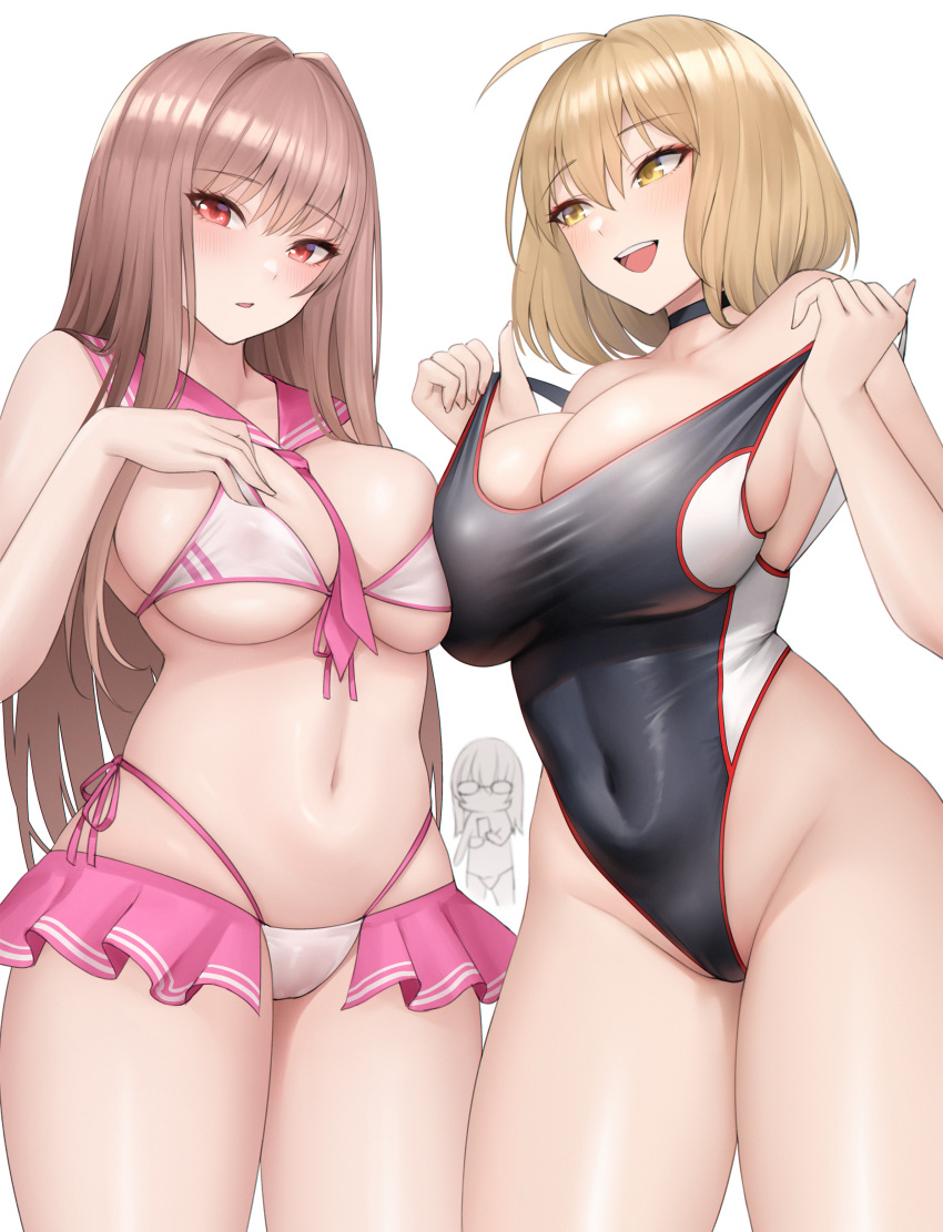 3girls absurdres ahoge anis_(nikke) anis_(nikke)_(cosplay) anis_(sparkling_summer)_(nikke) asymmetrical_docking between_breasts bikini bikini_skirt black_choker black_one-piece_swimsuit blush breast_press breasts brown_hair choker cleavage commentary competition_swimsuit cosplay costume_switch covered_navel cowboy_shot glasses goddess_of_victory:_nikke hair_intakes highleg highleg_swimsuit highres kurone_rinka large_breasts light_brown_hair long_hair looking_at_another looking_at_viewer multi-strapped_bikini multiple_girls navel necktie necktie_between_breasts neon_(blue_ocean)_(nikke) neon_(nikke) neon_(nikke)_(cosplay) official_alternate_costume one-piece_swimsuit open_mouth parted_lips pink_necktie rapi_(classic_vacation)_(nikke) rapi_(nikke) rapi_(nikke)_(cosplay) red_eyes sailor_collar short_hair side-tie_bikini_bottom simple_background skindentation smile standing stomach straight_hair string_bikini swimsuit thighs white_background white_bikini yellow_eyes