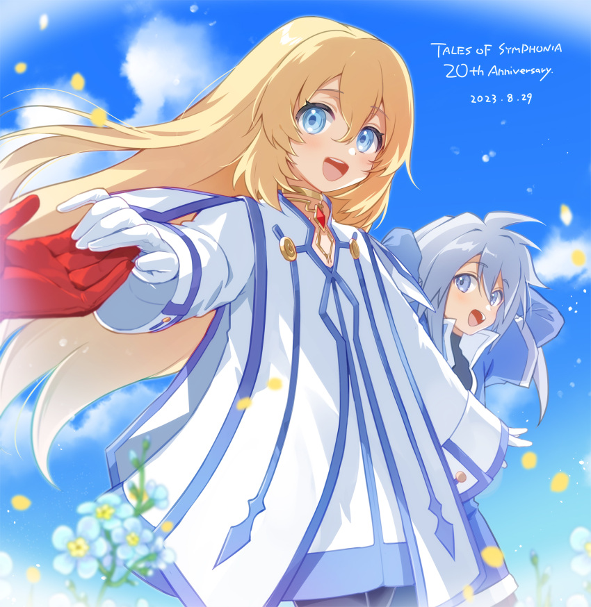 0x0_srnk 1girl 2boys anniversary arm_behind_head arm_up blonde_hair blue_eyes blue_flower blue_jacket blue_sky blue_trim cloud cloudy_sky colette_brunel commentary_request cowboy_shot dated day falling_petals flower genis_sage gloves grey_hair hair_between_eyes highres holding_hands jacket jewelry light_blush lloyd_irving long_hair long_sleeves looking_at_viewer multiple_boys neck_ring necklace open_mouth out_of_frame outdoors outstretched_arms outstretched_hand petals red_gloves robe short_sleeves shorts sky tales_of_(series) tales_of_symphonia teeth upper_teeth_only white_gloves white_robe