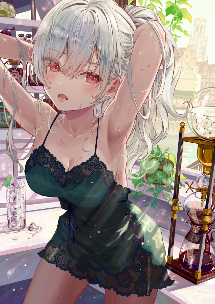 1girl armpits blush breasts building chemise cleavage coffee_maker_(object) collarbone commentary_request contrapposto cup day disposable_cup drinking_glass foreshortening glass green_chemise grey_hair highres ice ice_cube ito_lab jar lace-trimmed_chemise melting mint multicolored_eyes open_mouth original plant ponytail potted_plant purple_ribbon ribbon sweat tying_hair very_sweaty