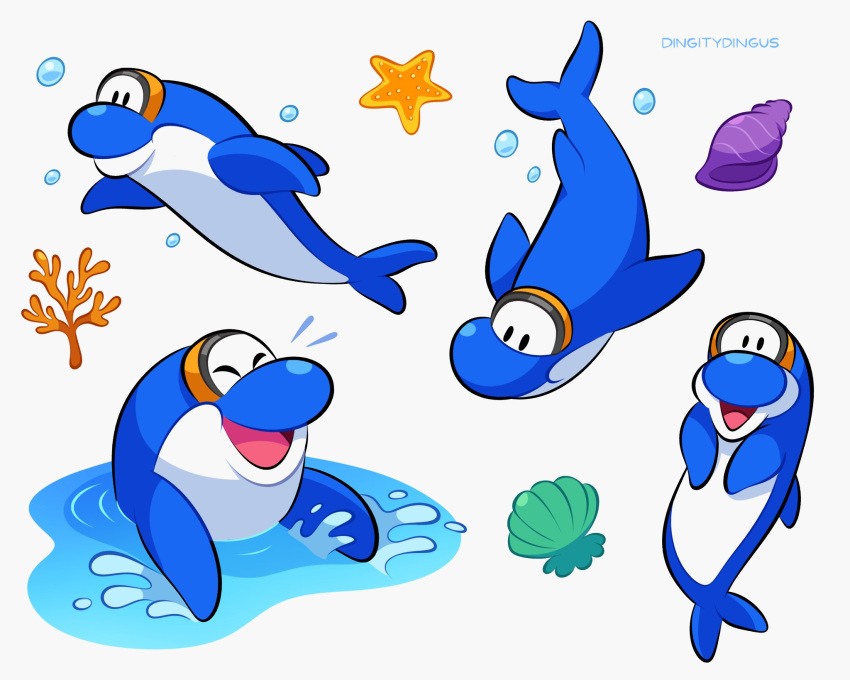 animal artist_name closed_eyes coral dolphin goggles goggles_on_head highres mario_(series) multiple_views no_humans open_mouth shell simple_background starfish vinny_(dingitydingus) water white_background