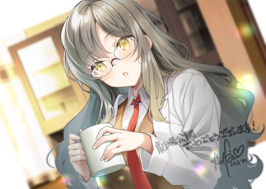 1girl blonde_hair blurry blurry_background blush brown_vest cup futaba_rio glasses hario_4 holding holding_cup indoors lab_coat long_hair messy_hair necktie open_labcoat open_mouth red_necktie seishun_buta_yarou shirt signature solo upper_body vest white_shirt yellow_eyes