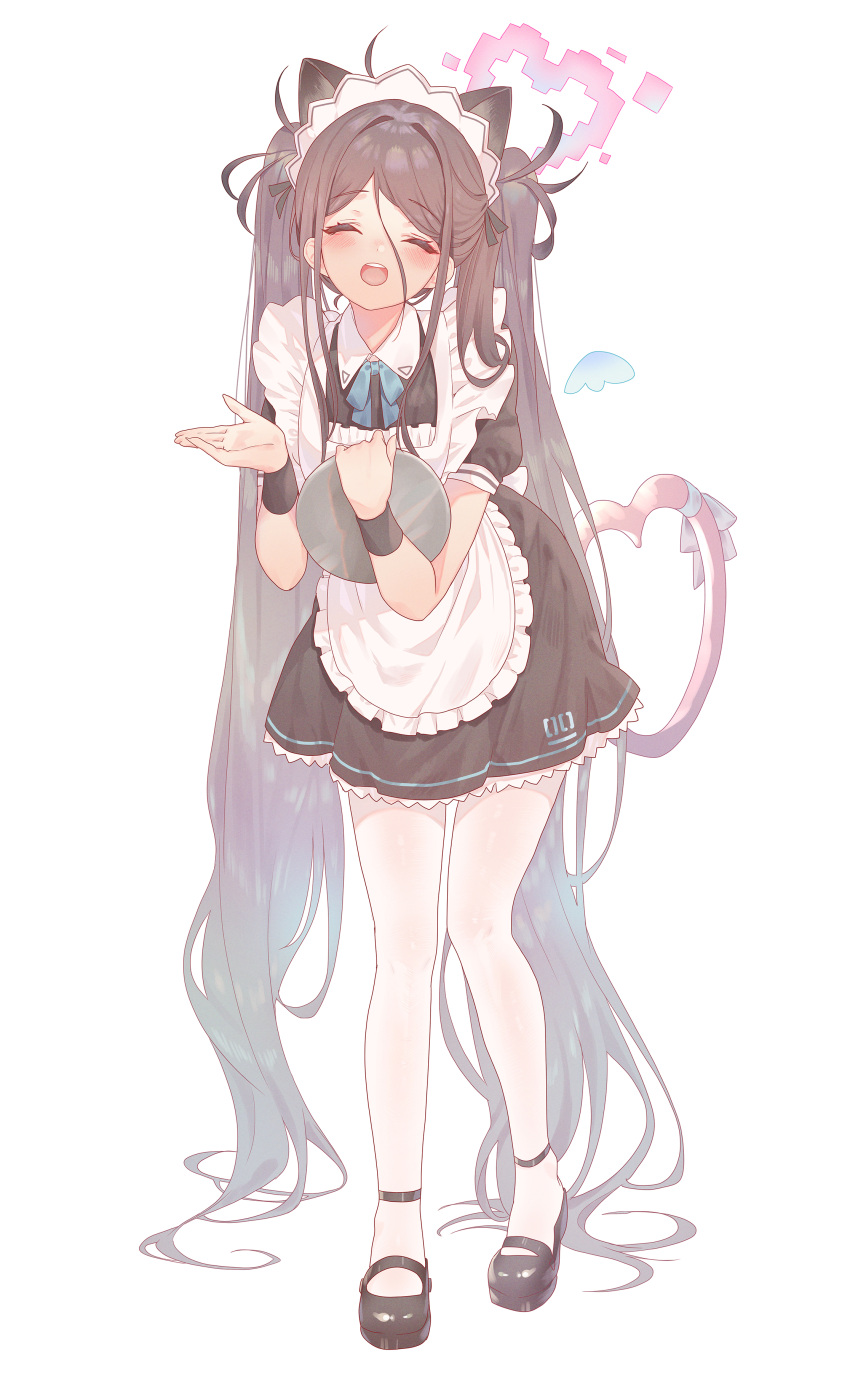 1girl absurdly_long_hair absurdres animal_ears apron aris_(blue_archive) aris_(maid)_(blue_archive) black_dress black_footwear black_hair blue_archive blush cat_ears cat_tail closed_eyes dress facing_viewer frilled_apron frills full_body halo highres holding holding_tray long_hair maid maid_apron maid_headdress official_alternate_costume open_mouth pantyhose pink_halo shoes short_sleeves simple_background smile solo tail torano tray very_long_hair white_apron white_background white_pantyhose