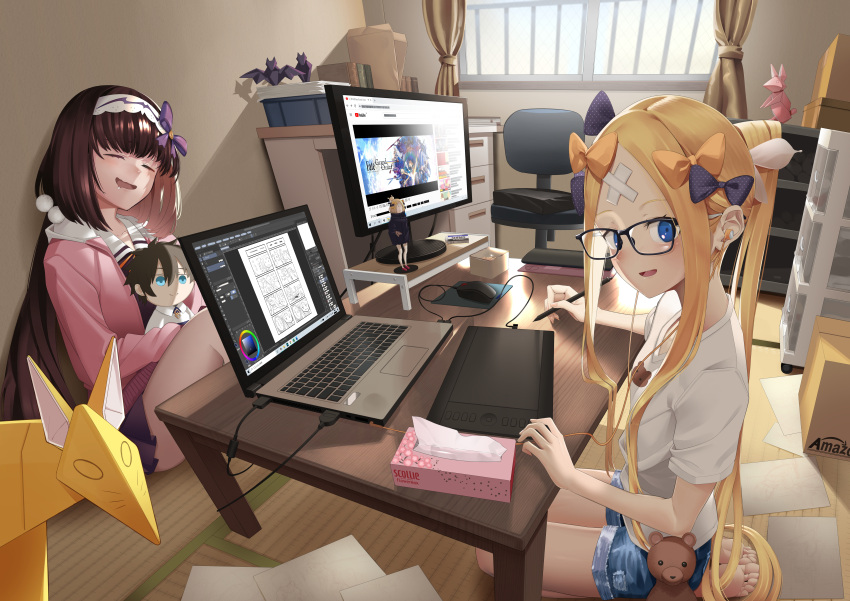 2girls abigail_williams_(fate) absurdres blonde_hair blue_eyes blue_shorts blush bow breasts brown_hair closed_eyes coffee_table computer contemporary crossed_bandaids drawing_tablet fate/grand_order fate_(series) forehead fujimaru_ritsuka_(male) glasses hairband highres jacket laptop large_breasts long_hair long_sleeves looking_at_viewer monitor multiple_girls open_mouth orange_bow origami osakabehime_(fate) parted_bangs pink_jacket ponytail revision seiza shiro_ami shirt short_sleeves shorts sidelocks sitting small_breasts smile stuffed_animal stuffed_toy stylus table tatami teddy_bear very_long_hair white_shirt