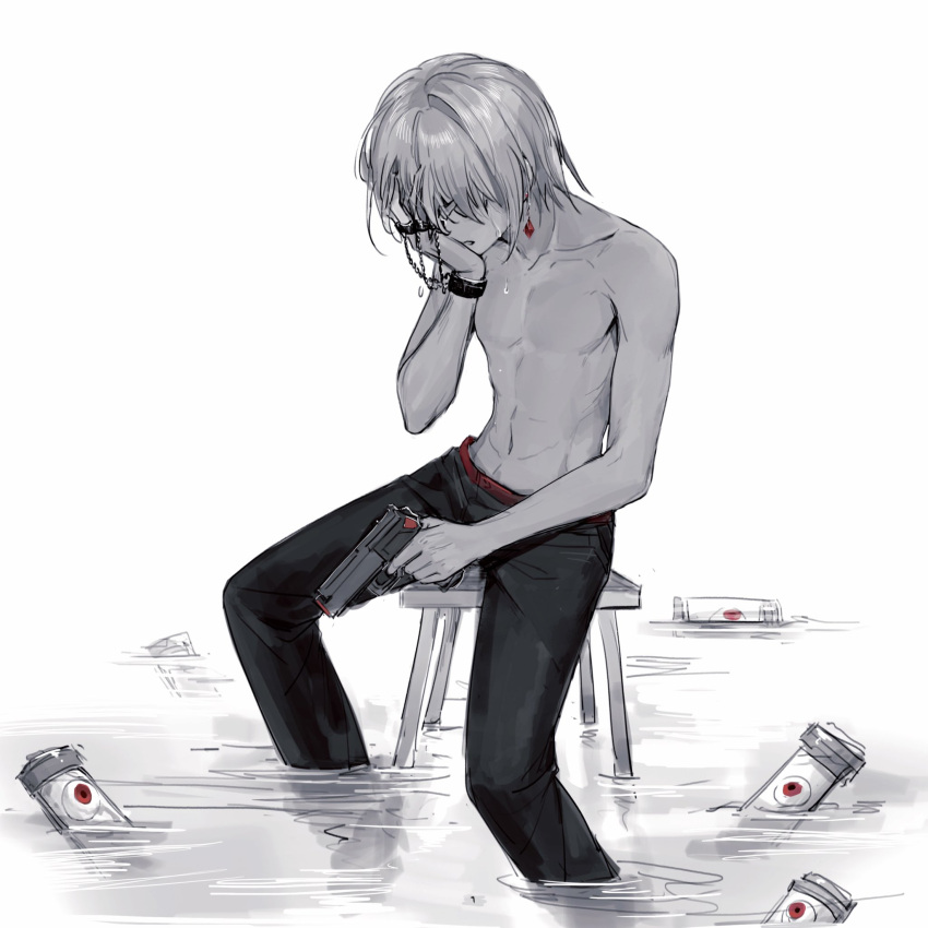 1boy earrings eyeball gun hand_on_own_face handgun highres holding holding_gun holding_weapon hunter_x_hunter jewelry kiko kurapika limited_palette male_focus no_nipples pants parted_lips simple_background single_earring sitting solo stool toned toned_male topless_male water weapon