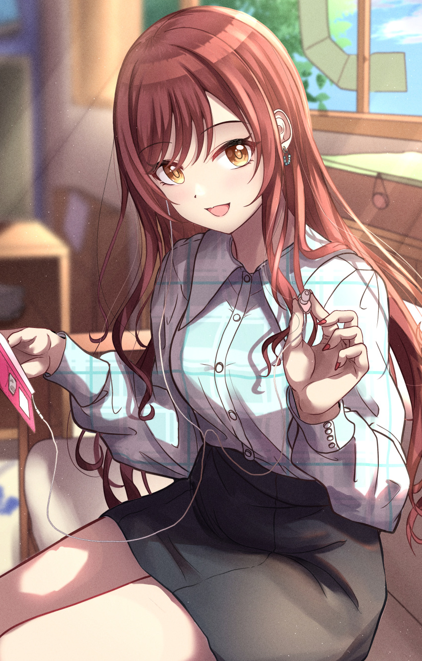 1girl absurdres black_skirt blue_shirt blue_sky blurry blurry_background blush breasts brown_hair cellphone chair chest_of_drawers citrusmikan cloud day earphones hands_up highres holding holding_earphones holding_phone idolmaster idolmaster_shiny_colors indoors long_hair long_sleeves looking_at_viewer medium_breasts office on_chair open_mouth osaki_amana phone pink_nails plaid plaid_shirt shirt sitting skirt sky smartphone smartphone_case smile solo sunlight swept_bangs tree window yellow_eyes