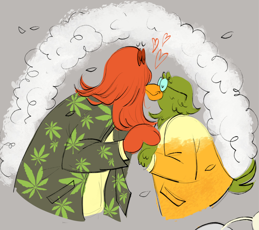 anthro avian beak_kiss bird caligmaera clothing don't_hug_me_i'm_scared drugs duck_guy_(dhmis) duo feathers fur green_body green_feathers hand_holding hi_res humanoid kiss_on_beak kiss_on_lips kissing_beak male male/male marijuana pattern_clothing pattern_suit pattern_topwear red_body red_fur red_guy_(dhmis) suit tail_feathers topwear wedding