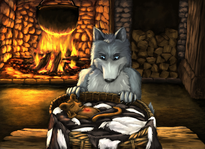 absurd_res anthro basket bedding blanket brother_(lore) brothers_(lore) brown_body brown_fur cabin calder_ulfriksson canid canine canis cauldron child container crystal curious dire_wolf duo euplerid fireplace fossa fur gem grey_body grey_fur hi_res interior_background male mammal nochein ruby_(gem) secrets_of_uncrom sibling_(lore) sleeping slice_of_life uncrom valtalska_dercas ven_ulfriksson warm_lighting wicker wood yenocwolf young
