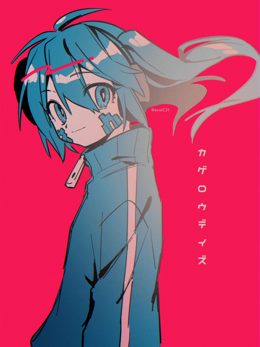 1girl ahoge bandage_on_face bandages blue_eyes blue_hair blue_jacket closed_mouth ene_(kagerou_project) eyelashes hair_between_eyes headphones highres jacket kagerou_project limited_palette long_hair menma_(enaic31) red_background smile solo symbol_in_eye track_jacket translation_request twitter_username upper_body zipper_pull_tab