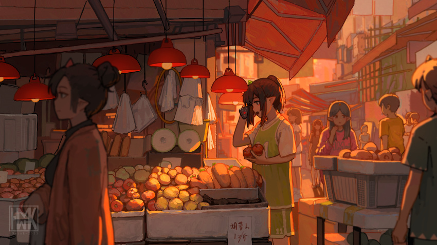 4boys 6+girls absurdres apple bell_pepper black_hair brown_eyes brown_hair city crowd dated evening food from_behind from_side fruit hair_between_eyes high_ponytail highres holding holding_food holding_fruit horns hua_ming_wink long_hair looking_ahead looking_to_the_side market market_stall medium_hair multiple_boys multiple_girls oni_horns open_mouth original pointy_ears potato pumpkin scenery shirt solo_focus sportswear squash sunlight talking_on_phone vegetable watermark white_shirt