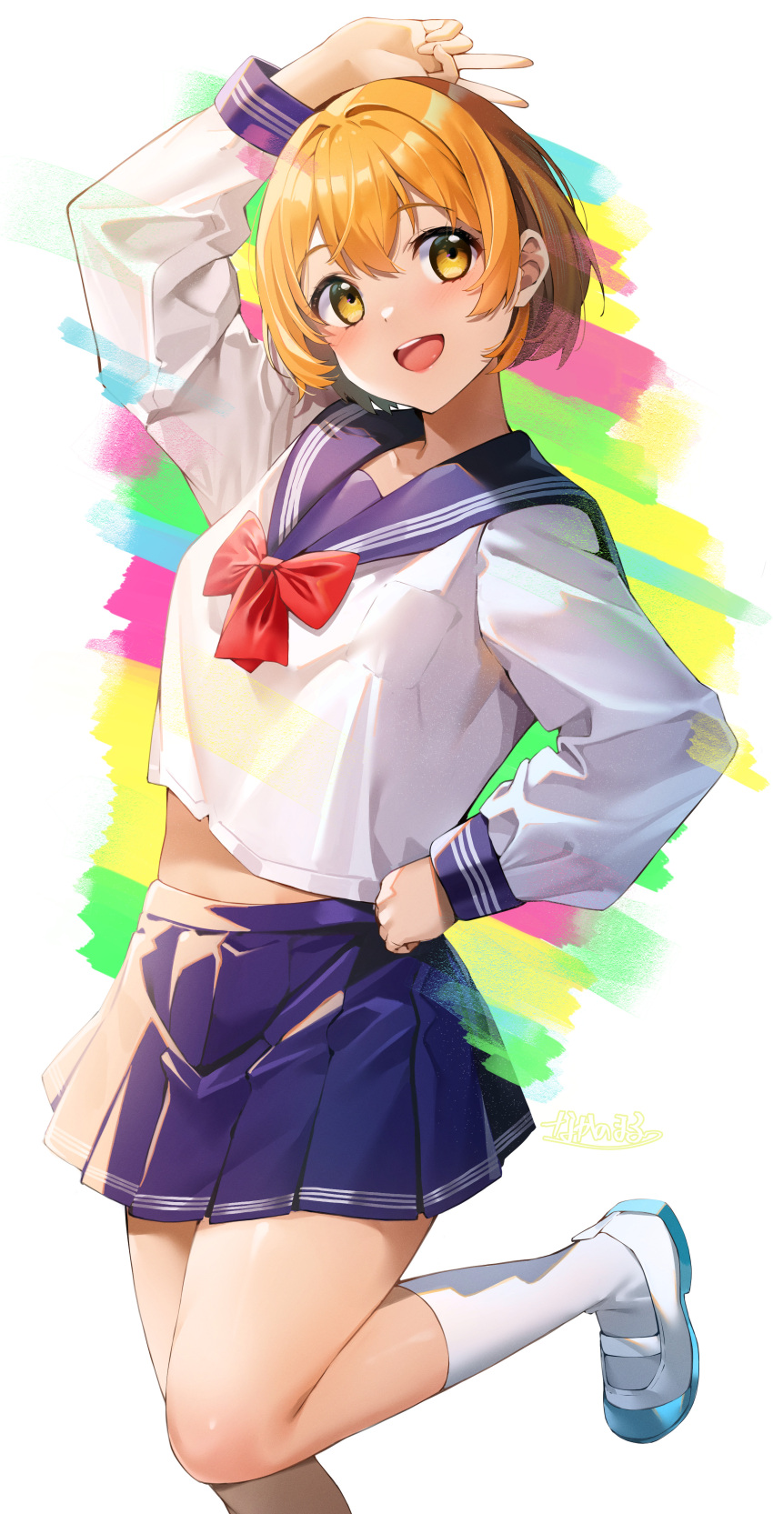 1girl :d absurdres arm_up blonde_hair blue_skirt blush bob_cut bow bowtie breast_pocket hair_between_eyes hair_intakes hand_on_own_hip highres hoshizora_rin long_sleeves looking_at_viewer love_live! love_live!_school_idol_project midriff miniskirt nakano_maru open_mouth pleated_skirt pocket purple_sailor_collar red_bow red_bowtie sailor_collar sailor_shirt school_uniform serafuku shirt short_hair skirt smile socks solo standing standing_on_one_leg stomach white_background white_shirt white_socks yellow_eyes