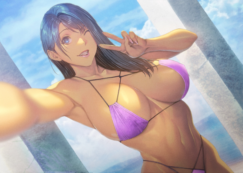 1girl armpits bare_shoulders bikini blue_eyes blue_hair blue_sky breasts cleavage cloud cloudy_sky commentary_request grin hair_behind_ear hair_over_shoulder highres homare_(fool's_art) large_breasts long_hair looking_at_viewer navel one_eye_closed original outdoors pillar pink_bikini pink_lips pink_nails selfie sky smile solo stomach string_bikini swept_bangs swimsuit tan teeth upper_body v
