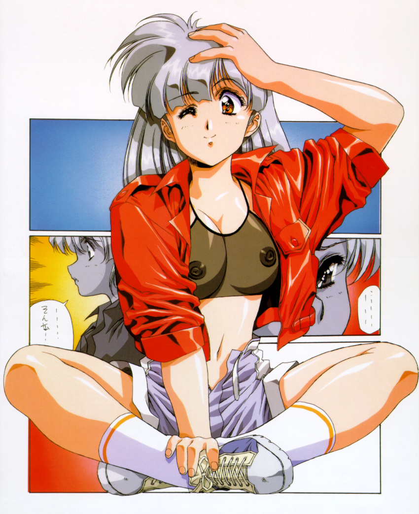 1girl breasts covered_nipples crop_top grey_hair hand_on_own_head highres indian_style jacket large_breasts looking_at_viewer midriff navel nipples one_eye_closed open_clothes open_jacket original raised_eyebrows red_jacket retro_artstyle see-through shoes short_sleeves shorts sitting smile sneakers socks solo speech_bubble unzipped urushihara_satoshi yellow_eyes